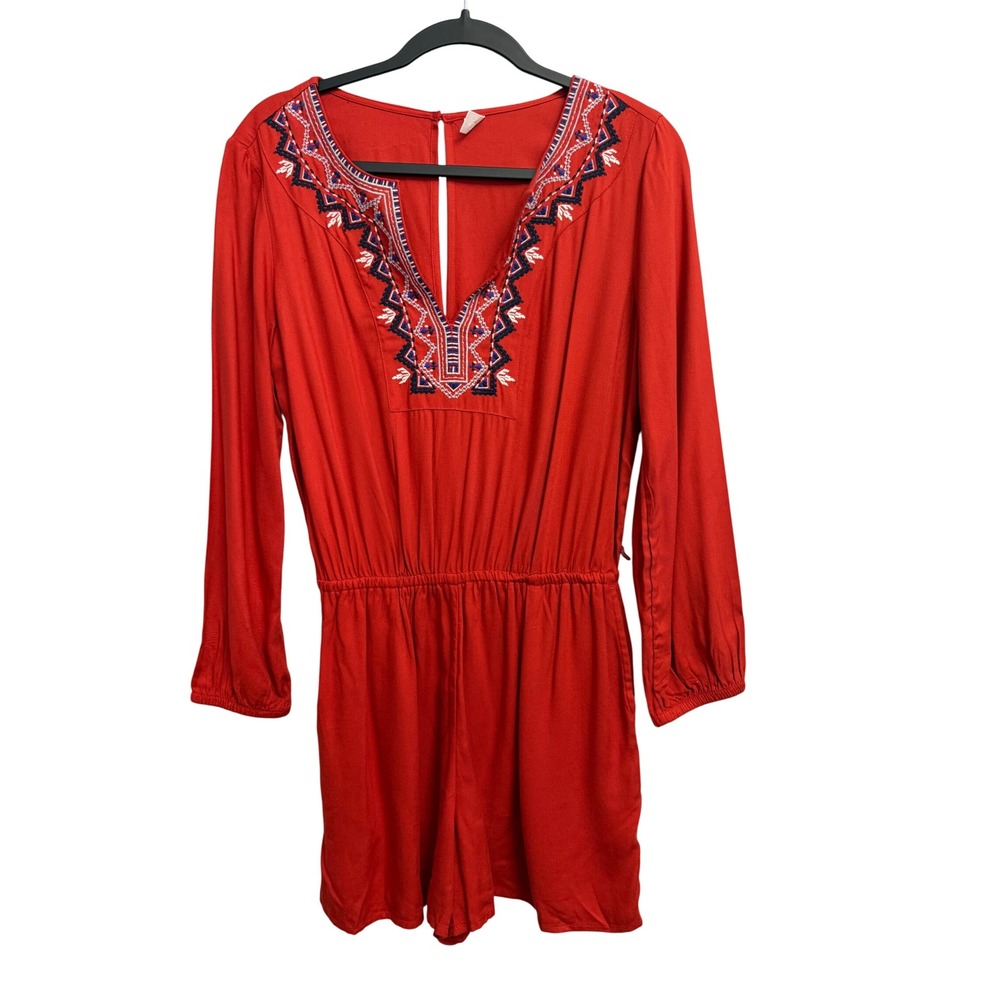 Old Navy Womens Red Embroidered Long Sleeve Romper Deep Rose S 820996-02